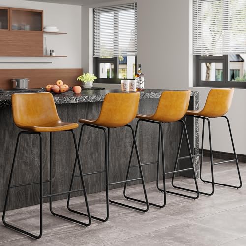 Image of REONEY Bar Stools Set of 4, 30 inch Urban Faux Leather Counter Stools, Brown