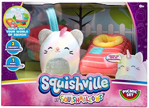 Squishville by Squishmallows Plush Room Accessory Set, 2” Camilla Mini-Squishmallow and 2 Plush Accessories, Marshmallow-Soft Animals, Picnic Toys