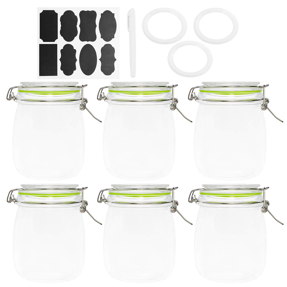 Glass Jars with Airtight Lids, Qianfenie 25 oz Clamp Jars with Hinged Lids for Kitchen, Glass Storage Jars for Chia Seed Pudding, Candy, Spice, Sourdough Starter, Overnight Oats, 6 Packs
