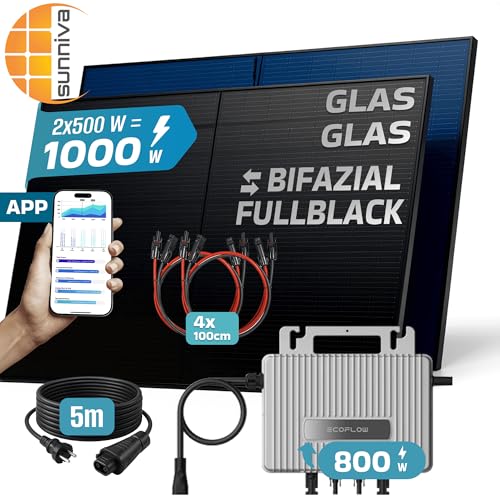 SUNNIVA 1000W Balkonkraftwerk BIFAZIAL FULLBLACK komplett Steckdose Ecoflow 800W Wechselrichter, PV Solaranlage, 2x 500W Glas-Glas Solarmodule, inkl. 5m Kabel, Bluetooth WIFI, Komplettset 2 SUNNIVA 1000W Balkonkraftwerk BIFAZIAL FULLBLACK komplett Steckdose Ecoflow 800W Wechselrichter, PV Solaranlage, 2x 500W Glas-Glas Solarmodule, inkl. 5m Kabel, Bluetooth WIFI, Komplettset – Bild 3