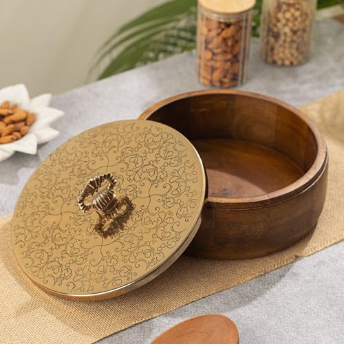 Image of Wooden Casserole with Traditional Handle | Floral Engraved Hot Case Chapati Box for Fresh & Warm Roti | Multipurpose Roti Box, Snack & Dry Fruit Storage | Luxury Kitchen Decor