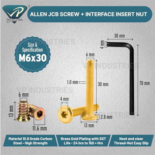 Image of Rely⇒VP INDUSTRIES (Combo Set -10 Pcs) M6x30 mm Allen JCB Screw with M6x13 mm Interface Thread Wood Insert D-Nut With Allen Key 1 Pc | Fastener for Joining Wood Boards, Cabinets, Cupboards & Beds.