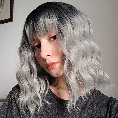 Synthetic Curly Bob Ombre Wig with Air Bangs Shoulder Length Women's Short Wavy Cosplay Wig Black Grey Wig for Girl Halloween Costume Wigs (12-Black Gray)