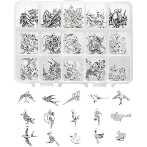 PH PandaHall 15 Style Bird Charms, 90pcs Swallow Charms Tibetan