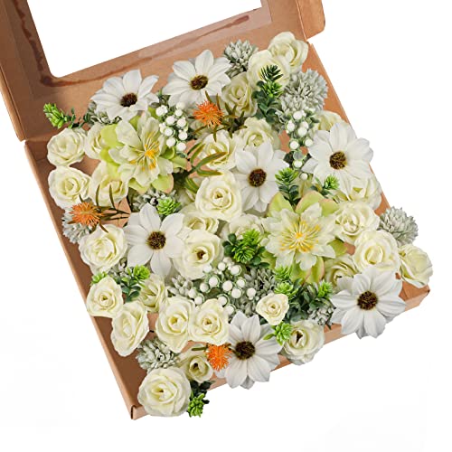Biobviao 74Pcs Artificial Flowers Combo Box Set, Fake Flower With Leaf Stems For Diy Wedding Bouquets Cake Flowers, Floral Arrangements For Party Table Centerpieces Home Decor (Milk White) #TOP6