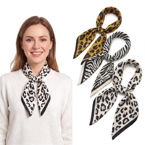 Image of SINJAETRQ 3 Pack Leopard Print Square Scarf 70x70cm Satin Neck Scarves for Women Animal Print Bandana Silk Hair Accessories Lightweight Fashion Head Wrap Neckerchief Summer Holiday Outfit