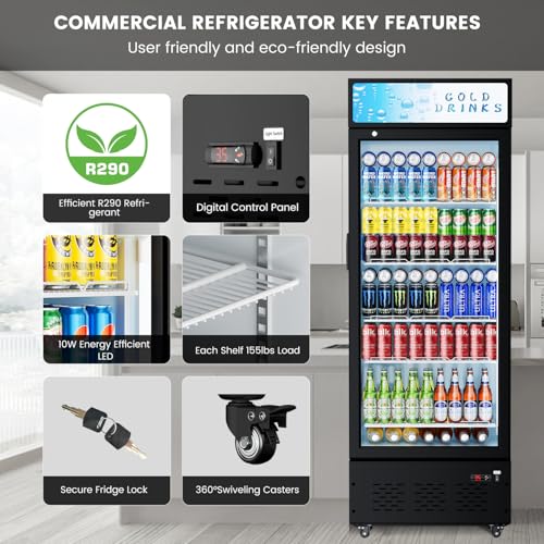 Image of Commercial Display Refrigerator Glass Door 15.1 cu.ft Commercial Beverage Refrigerators with LED and Shelves for Cafe, Restaurant, Store