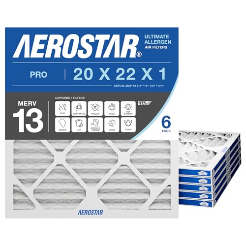 Aerostar 19.875x21.5x1 MERV 13 - 6 Count - Pleated HVAC, Furnace & Air Conditioner Filters - For Bacteria, Dust, Cold & Flu Germs, Lint, Mold, Pet Dander, Allergy-Causing Pollen, Smog, Smoke & Viruses
