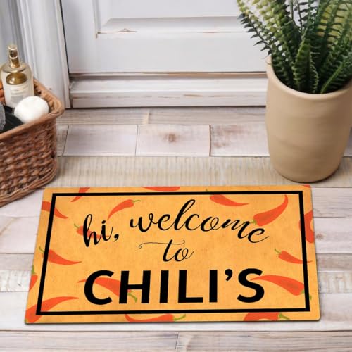 Image of GengDuCJ Funny Welcome Door Mat Indoor Entrance, Decorative Mats Low Profile Doormat with Non Slip Rubber Backing 30"x18" (Hi Welcome to Chili