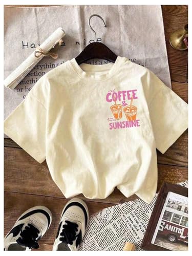 Image of RoseSeek Women's Graphic Letter Tee Crew Neck Drop Shoulder Trendy Summer T Shirt Short Sleeve Vintage Car Print Top