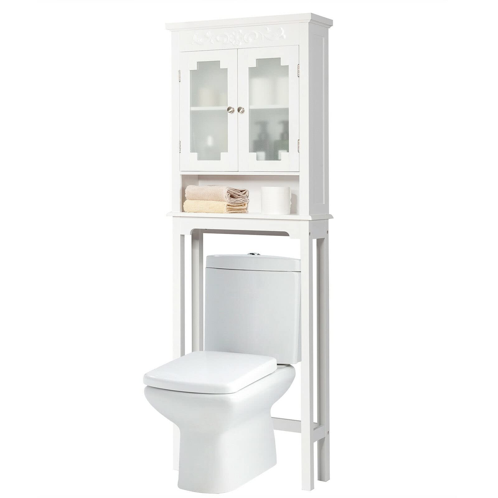 ADHW Bathroom Cabinet Bathroom Storage Cabinet Over The Toilet Bathroom Space Saver Carved Top Toilet Rack W/Adjustable Shelf Compact Size Takes Up Little Room Medicine Cabinet Storage Organizer