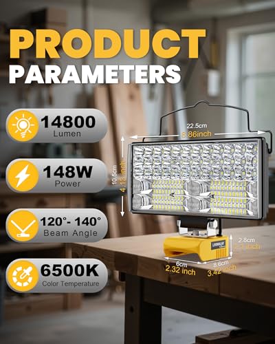 LED Work Light Compatible with DeWalt 20V Battery, 14800LM 148W Cordless Flood Light, 7" Wide Beam, USB & Type-C Charging, Battery Protection, 140° Adjustable Head, Portable Jobsite Light (Tool Only) — view 2