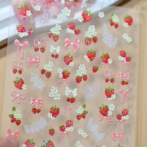 Image of Strawberry Nail Stickers Cute Nail Decals Flower Nails Art Stickers with Bow Design 5D Embossed Self Adhesive Nails DIY Charms for Women Manicure Decoration Supply