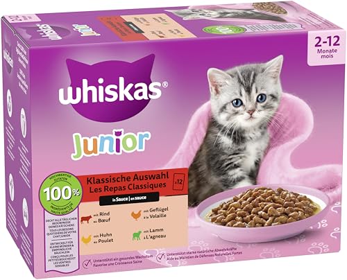 Whiskas Junior Katzennassfutter Klassische Auswahl in Sauce, 48 Portionsbeutel, 12x85g (4er Pack) – Hochwertiges Katzenfutter nass, für heranwachsende Katzen von 2 bis 12 Monaten