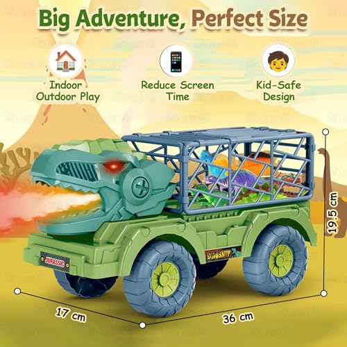 Image of Kidology Dinosaur Truck Toy for Kids 3+ Years | Sparks Creativity & Builds Motor Skills | T-Rex Carrier with Roar Sound LED Eyes & Mist Spray | 6 Dino Figures Birthday Gift Boys & Girls