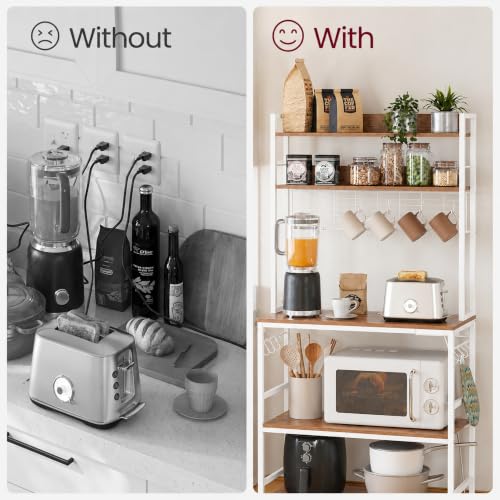 Image of 5-Tier Kitchen Organizer Rack-Multipurpose Microwave Stand for Kitchen Platform & OTG Oven-Steel Utensils Storage Shelf with Hooks - Engineered Wood & Metal Rack for Home- 80x40x170 cm - White /Brown