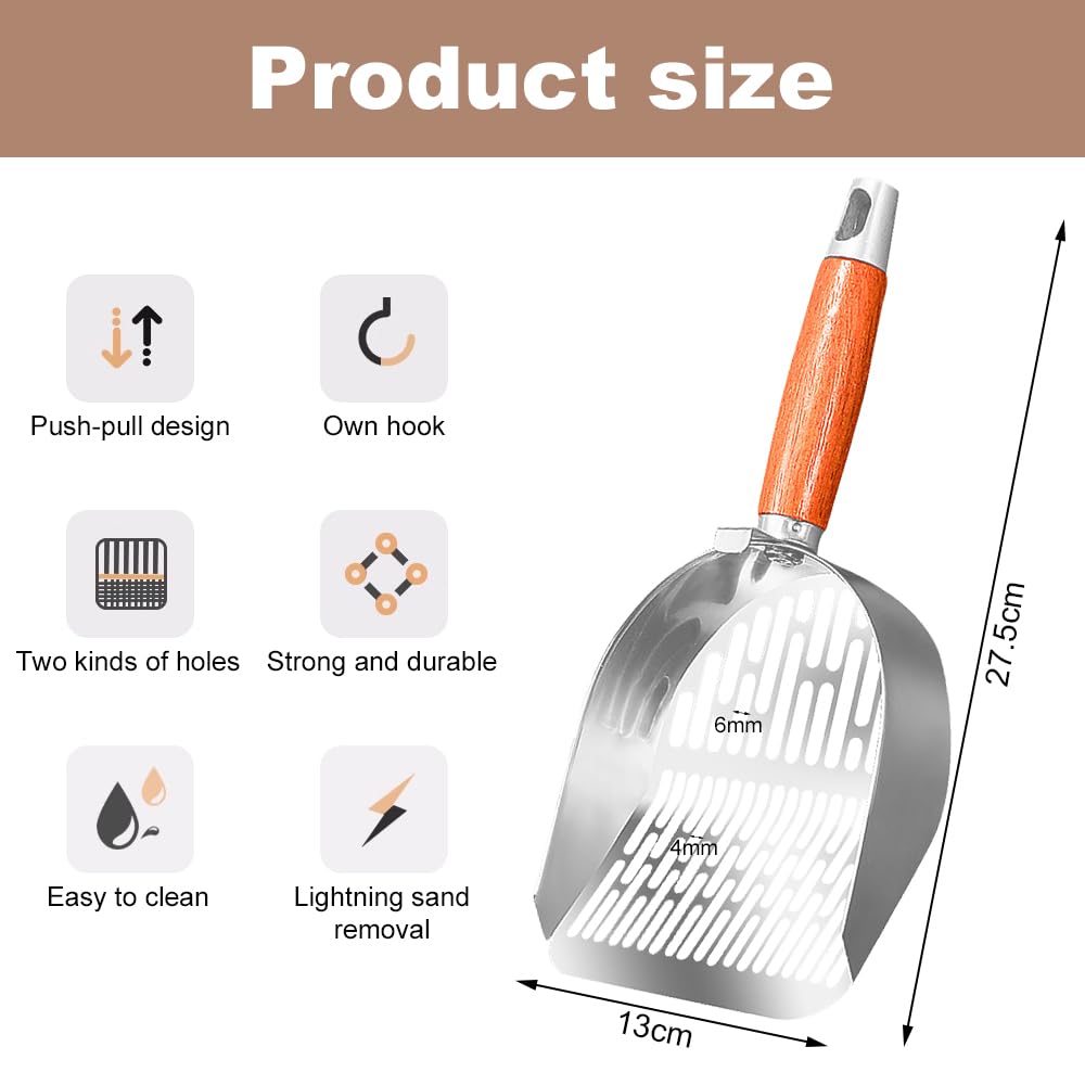 Paletta Lettiera Gatti In Acciaio Inox - Doppio Setaccio 4mm/10mm, Manico Legno, Profonda E Resistente - Foto 8