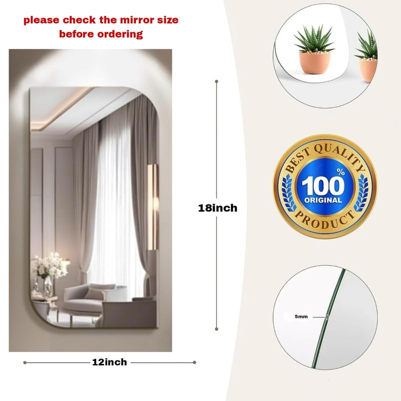 Image of 12x18 Inch Frameless Wall Mounted Mirror | Rounded Corner Design | HD Glass for Bathroom, Bedroom, Vanity & Entryway | Modern Decorative Mirror for Home & Office