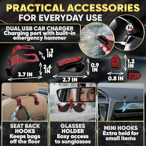 Image of Red Bling Car Accessories Set, 27 Pcs, for Women Drivers