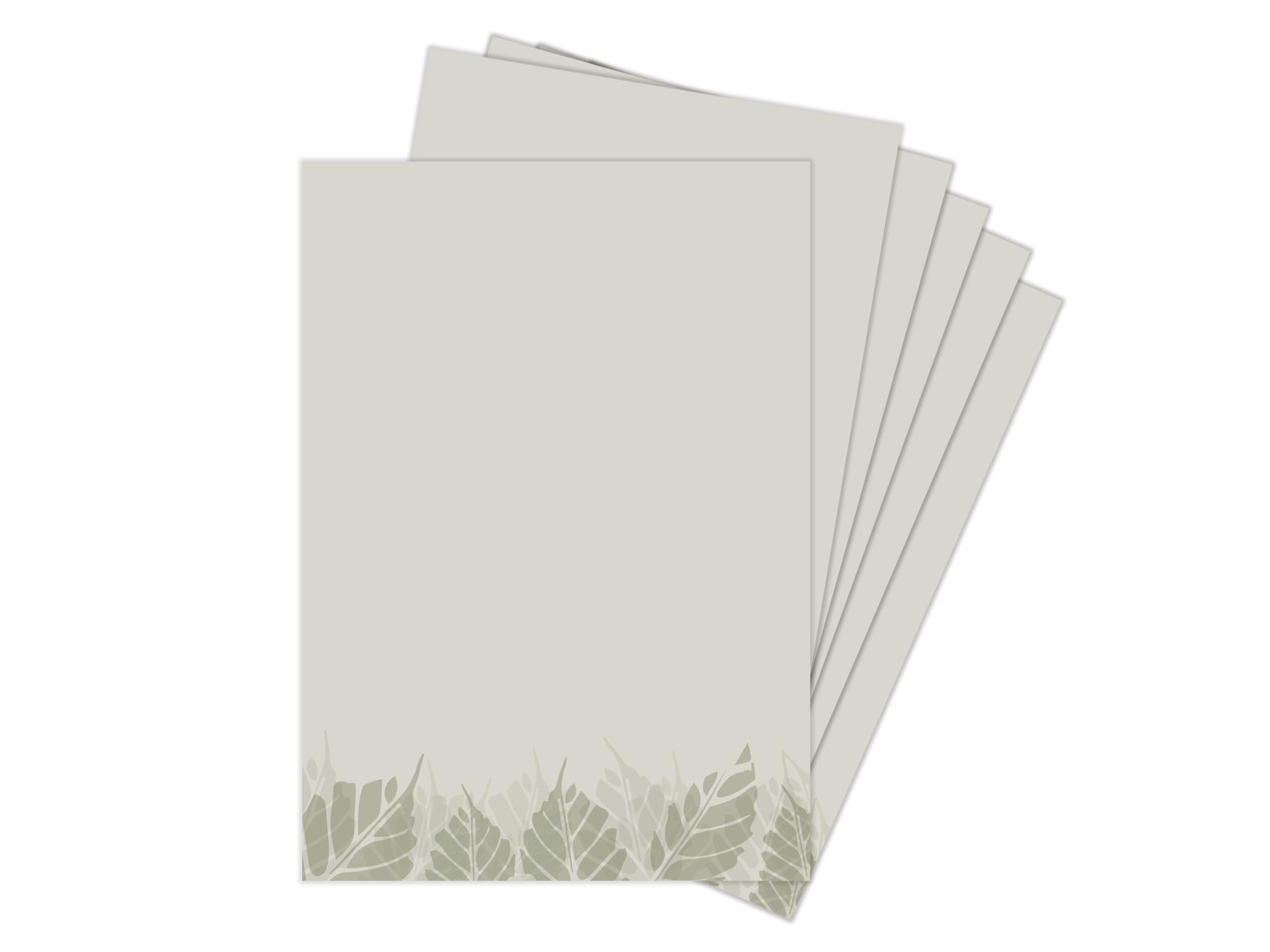 Briefpapier-Set 250 Briefbögen DIN A4 + 250 Umschläge DIN-lang ohne Fenster haftklebend - Papier beidseitig beschriftbar und bedruckbar für Taufe Kommunion Firmenpost naturelle hellgrüne Blätter