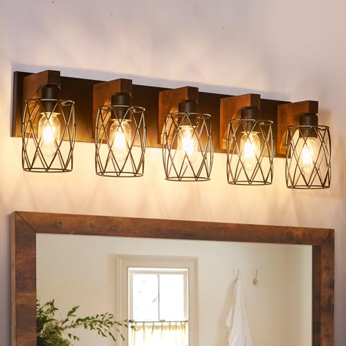 Image of 5-Light Farmhouse Bathroom Vanity Light, Wood Bathroom Lighting Fixtures Over Mirror, Black Vanity Light Fixtures with Cage Metal Shade, Rustic Bathroom Light with E26 Base