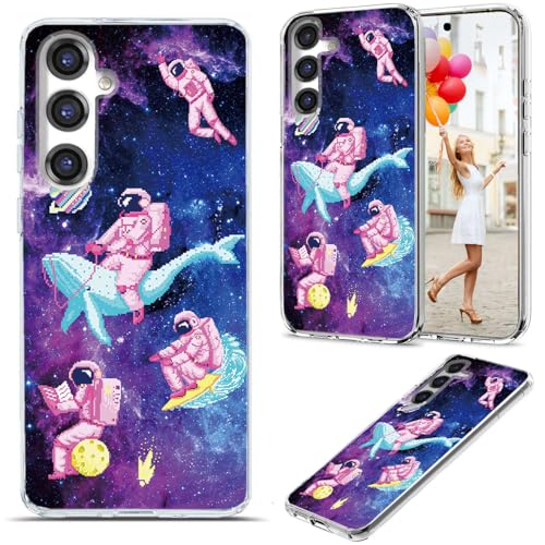 AKORAVO for Samsung Galaxy S24 Case for Girl Women Men, Full Protective Shockproof Slim Soft TPU Clear Phone Cover Cases with Design for Galaxy S24,Game Pixel Art Astronaut Spaceman Whale Moon Nebula
