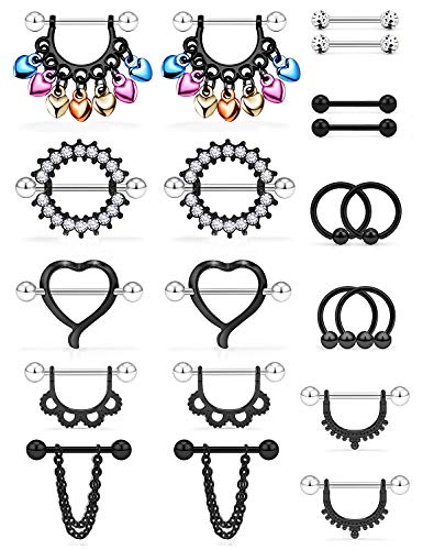 Ftovosyo 20Pcs Nipple Ring 14G Surgical Steel Tongue Nipplerings Barbell Bar Hoop Rings Retainer Cz Heart Chain Dangle Nipple Piercing Jewelry For Women Men 14Mm (9/16 Inch) Black #TOP11