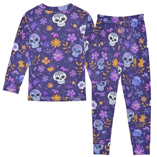 Fustylead Hand Draw Day Of The Dead Skulls and Purple Floral Cotton Pajamas 2-Piece Long Sleeve Sleepwear Matching Set2