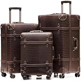 NZBZ Vintage Luggage Sets for Women, PU Leather Retro Suitcase, Vintage Trunk Luggage, Vintage Suitcase Set (Brown Crocodile-embossed, 20inch & 24inch & 28inch)