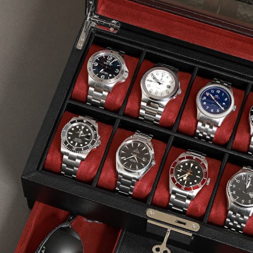 Rothwell 10-Slot Watch Box In Leather With Valet Drawer, Luxury Watch Case Display Organizer With Ultra Soft Microsuede Liner, Jewelry And Sunglass Holder With Large Glass Top (Black/Red) #TOP5