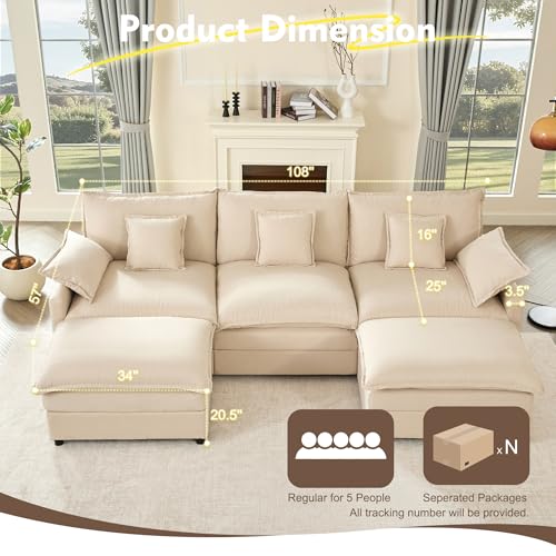108" U Shaped Couch, Modular Sectional Sofa, 3-Seater Comfy Cloud Couch with Movable Ottoman, Deep Seat Couches for Living Room, Linen, Beige