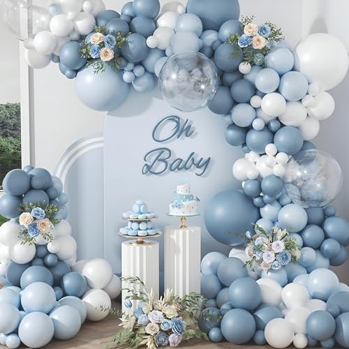 Image of Balloon Garland Kit, 57 Pieces, Dusty Blue Grey White Balloons with Roses, Baby Shower Party Decoration Set