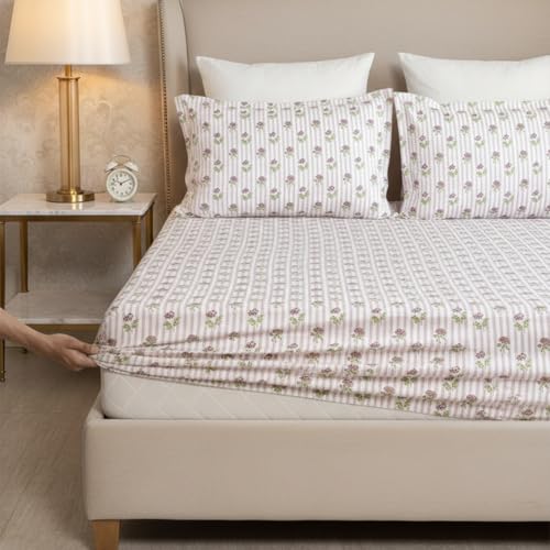 Image of HOMEMONDE Cotton Fitted Sheet Floral Printed Single Size Elastic Fitted Bedsheet with One Pillow Covers |186 TC | (72 X 36 Inches, Peach) | Perfect for Home Decor & Gifting