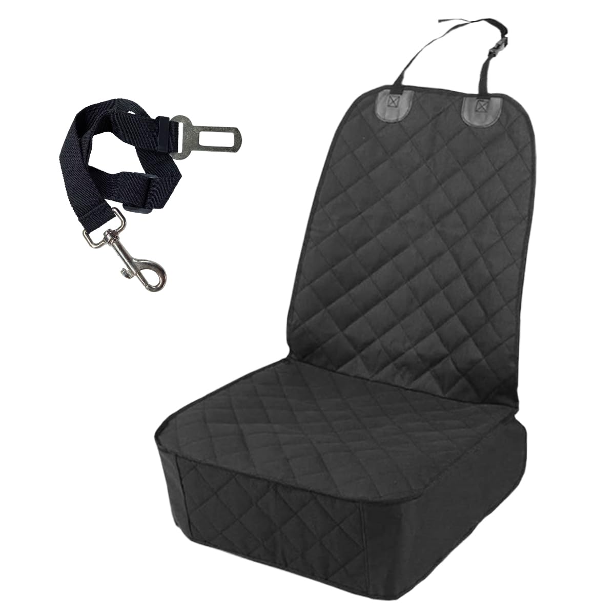 Dog Car Seat Cover, Waterproof & Scratch Proof Car Seat Protector with Side Flaps, Nonslip Front Car Seat Covers with Safety Belt, Universal Dog Mat for Cars, SUVs, Trucks (Black)