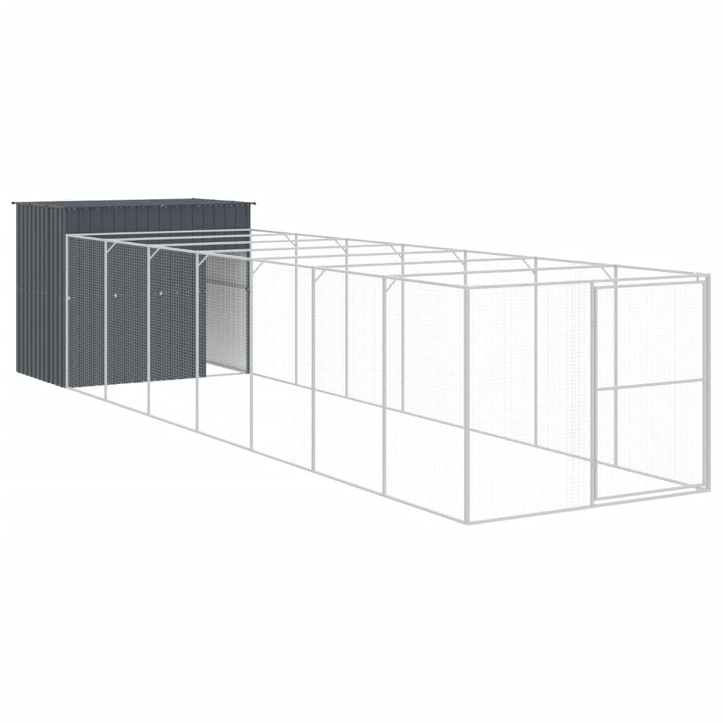 Domek dla psa z antracytowym wybiegiem 214x865x181 cm, wybiegi z siatki stalowej ocynkowanej z dachem, miejscem do zabawy i ćwiczeniami dla szczeniaka, wejście i drzwi z zatrzaskiem