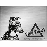 Indigos UG - Schild Greyhound Windhund - bedruckt - Vorsicht Betreten auf eigene Gefahr! - Aluverbundplatte Edelstahl Look - 80x60 cm - Spruch - Deko Geschenkidee für Ihren Hund - Zaun - Türschild