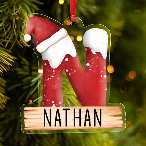 Sarah International Custom Shape Personalized Christmas Initial Ornament with Name, Santa Hat, Clear Acrylic Material, Christmas Decoration, Gift for Kids