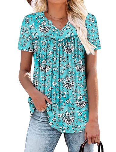 KISSMODA Tops for Womens Summer Cute Short Sleeve Shirts Trendy Notched Neck Blouses Casual Loose Pleated Tunics S-3Xl