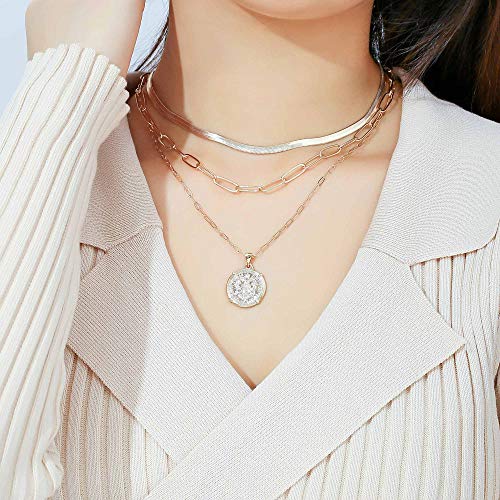 Hidepoo Gold Layered Necklaces for Women, 14K Gold Plated Dainty Coin Pendant Choker Necklace Herringbone Snake Necklace Paperclip Chain Layered Necklaces for Women Jewelry Gifts2