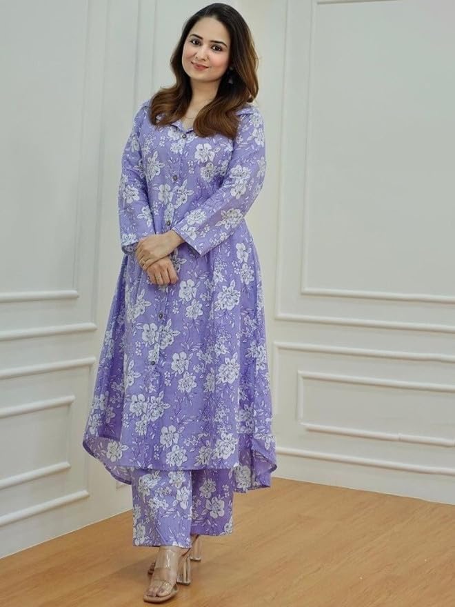 Image of Women's Cotton Kurta with Trousers Set, Floral Print, Regular Fit