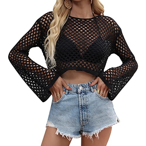 Odizli Netzoberteil Damen Netzshirt 2000er Y2K Kleidung Vintage Sexy Mesh Häkeltop Langarm Crochet Top Crop Tops Pullover Teenager Mädchen Sommer Streetwear Festival Rave Techno Outfit Schwarz M