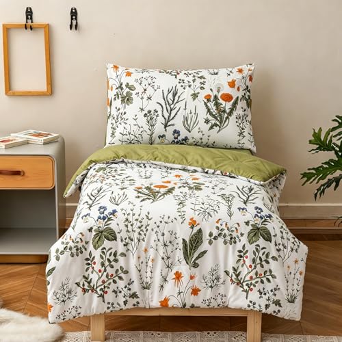 Image of Wellboo Botanical Toddler Bedding Sets for Girls Boys White and Green Floral 4 Pieces Soft Crib Bed Set Including Comforter, Sheets and Pillowcase Watercolor Flower Bohemian Quilt Rustic Leaf Blossom