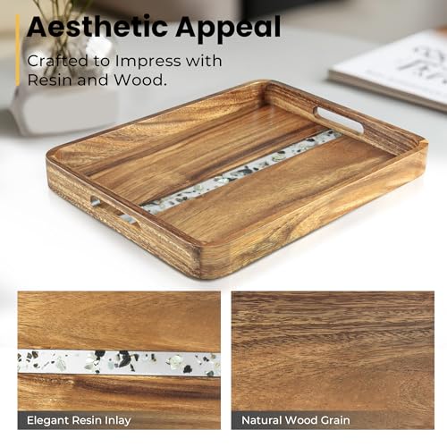 KITEISCAT Acacia Wood Serving Tray with Handles, 17’’x13’’ Rectangular Decorative Ottoman Tray for Living Room, Coffee Table Tray for Decor, Breakfast in Bed