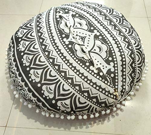 INDIAN CRAFT CASTLE 24\" Grey Ombre Mandala Barmeri Large Floor Pillow Cover Cushion Meditation Seating Ottoman Throw Cover Hippie Decorative Zipped Bohemian Pouf Ottoman Pom Pom Cases 24\" Round