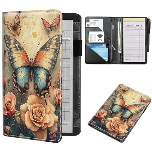 NLZQTTBD Server Books for Waitress Cute Waitress Book PU Leather Server Book with Zipper Wallet Black Serving Book Organizer Fit Server Apron,Rose Butterfly