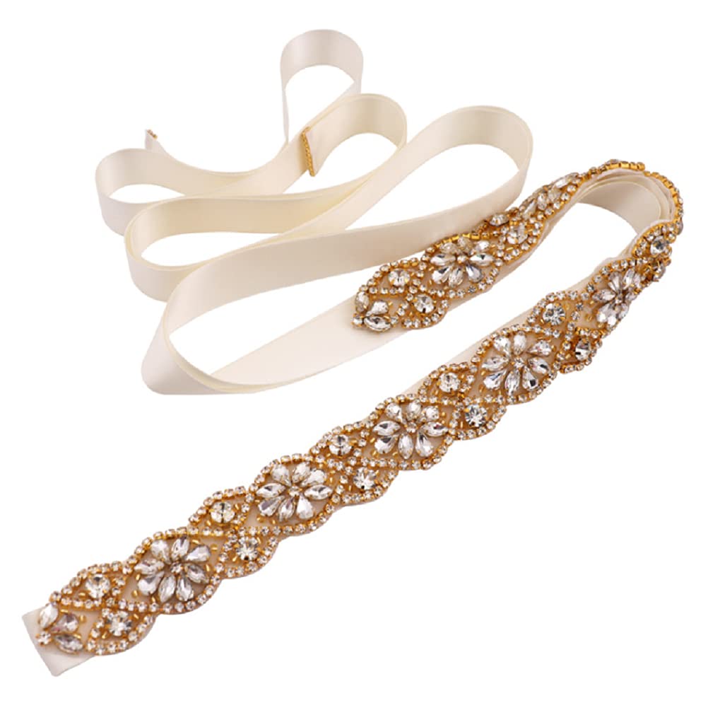 Leemasing Women's Gold Rhinestone Wedding Belt Handmade Bridal Belt Sash With Ribbon Sashes For Bridesmaid Sash Dress Accessories (Gold)