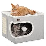 Cat Bed for Indoor Cats Cube House, Covered Cat Cave Beds & Furniture with Scratch Pad and Hideaway Tent, Cute Modern Cat Condo for Multi Small Pet Large Kitten Kitty, Grey