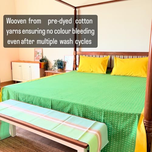Image of RANGBHAR 100% Cotton Handloom Premium Bedsheet with 2 Pillow Covers, Hand Woven Striped Bed Covers, 200 Thread Count, Elegant Bedcover Flat Sheet, 90 X 100 inches - Green Yellow, 200 TC