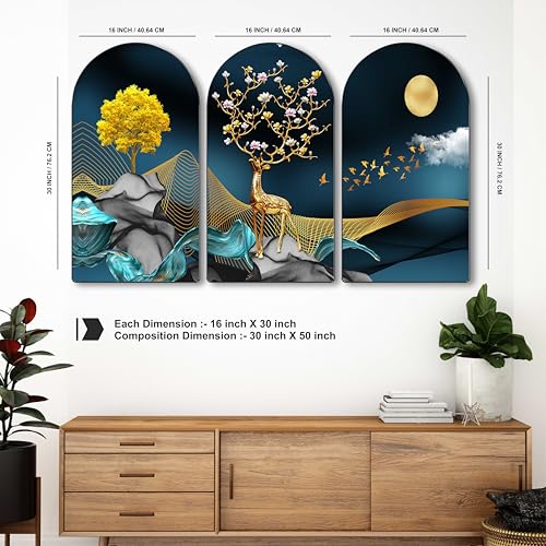 Image of Livin'luxe Golden Deer Wall Art 3 Panel Set | Moonlight Tree and Flying Birds Modern Painting on MDF | Luxury Blue & Gold Wall Decor for Living Room Bedroom Office Hallway (30 x 50 Inch) RPNL-82