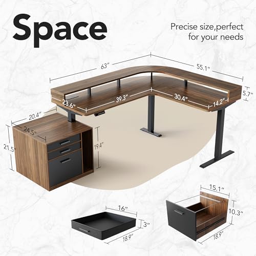 Image of HUANUO LED Electric L Shaped Standing Desk with File Cabinet, Walnut | 63 inchx55 inch 2-Tier L-Desk,3-Drawer File Cabinet,RGB LED App Lighting,Built-in Power Outlets,27.6 inch-46.5 inch Adjustable Height